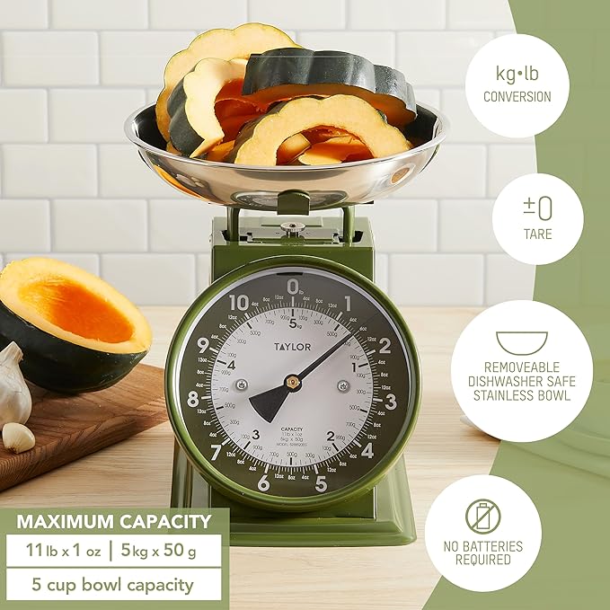 Taylor Analog Kitchen Scale, Stainless Steel Mechanical Food Scale with Removable Bowl, 11 lb Capacity, Large 5-Inch Dial, Battery-Free Design for Baking and Meal Prep