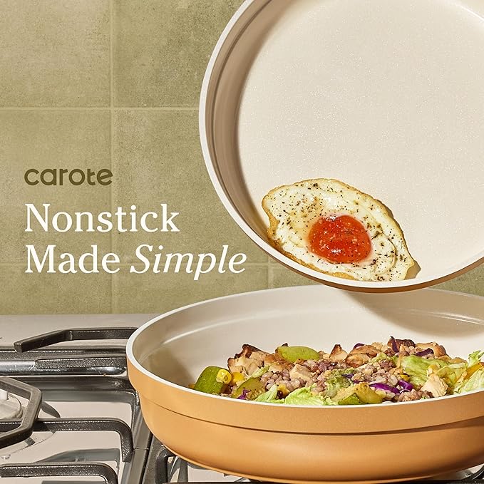 Carote 20pcs Ceramic Cookware Set with Detachable Handles, Pots and Pans Set Non Stick, RV Kitchen Cooking Pot and Pan, Dishwasher Safe, Non-toxic Induction Cookware PFAS and PFOA Free,Orange