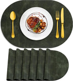 ADRIMER Placemats, Heat Resistant Oval Placemats Set of 6 Washable 12 x 17 Inch, Waterproof Table Mats, Wipeable Pu Place Mats for Kitchen, Dining Room, Olive Green