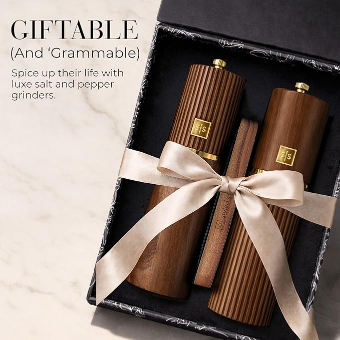 Wooden Salt and Pepper Grinder Set – Refillable Manual Salt and Pepper Mills with Adjustable Ceramic Burrs, Gold Detailing, and Wood Stand – Dark Wood