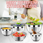 DUTZUN Mixing Bowls with Strainer, Mixing Bowl with Lids Set, Stainless Steel Mixing Bowls, Kitchen Gadgets Salad Bowls with Strainer for Mixing & Preping & Serving, Multicolor