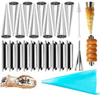 10 Pack Croissant Baking Forms 5 Inch + 10 Pack 5 Inch Cannoli Tube Moulds Kit, with Blue Pastry Bags Reusable, Cleaning Brush and Quality long Cream Icing Piping Tip for DIY Croissant Rolls