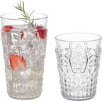KLIFA- BLOIS- 15.2 & 20.5 ounce, Set of 8, Acrylic Tumbler & Highball Drinking Glasses Cups, BPA-Free, Stackable Plastic Drinkware, Dishwasher Safe, Vintage Looking Cups, Clear