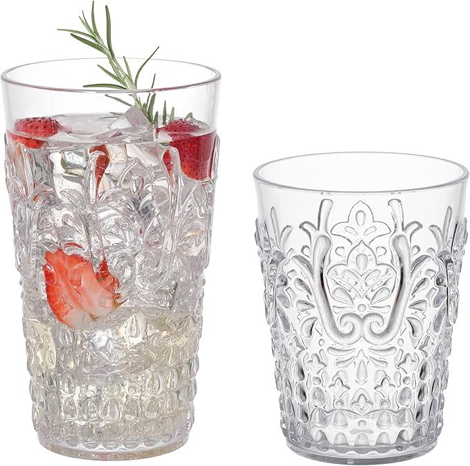 KLIFA- BLOIS- 15.2 & 20.5 ounce, Set of 8, Acrylic Tumbler & Highball Drinking Glasses Cups, BPA-Free, Stackable Plastic Drinkware, Dishwasher Safe, Vintage Looking Cups, Clear