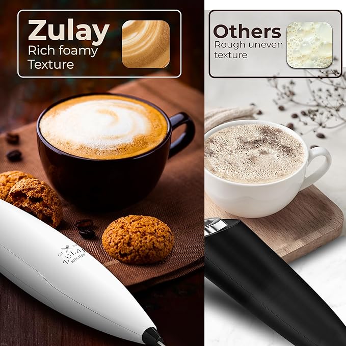 Zulay Kitchen Patented Tornado Triple Whisk Milk Frother with 4 Duracell Batteries – Handheld Foam Maker for Coffee, Lattes, Matcha & Hot Chocolate – Rich, Creamy Froth in Seconds - White & Black