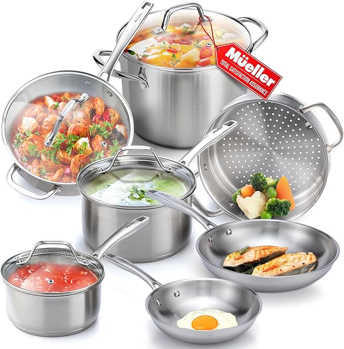 Mueller Pots and Pans Set 11-Piece, Ultra-Clad Pro Stainless Steel Cookware Set, Ergonomic and EverCool Stainless Steel Handle, Includes Saucepans, Skillets, Stockpot, Saute Pan, Steamer