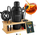 Modern Mixology Cocktail Shaker Set - 8 Piece Bartender Kit on Quality Pine Stand | Complete Cocktail Kit Gift Set | Top Bartender Gifts for Men | Leak Proof Design (Black)