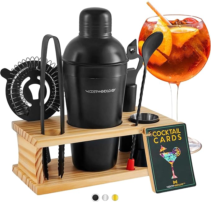 Modern Mixology Cocktail Shaker Set - 8 Piece Bartender Kit on Quality Pine Stand | Complete Cocktail Kit Gift Set | Top Bartender Gifts for Men | Leak Proof Design (Black)