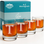 On The Rox (T-Monogram)- 4 Piece Set of 11 Ounce Engraved Heavy Base Rocks Glasses Elegant Glass-Multi-Purpose Beverage-Rocks Glass- Gift for any Occasion