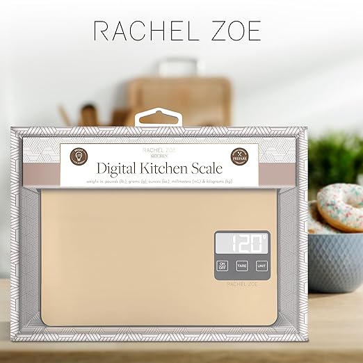 Rachel Zoe Digital Kitchen Food Scale with Non-Slip Base for Home and Kitchen, Measures in Pounds, Grams, Milliliters & Kilograms, Battery Operated Aluminum Electric Scale for Meals, Baking & Diets