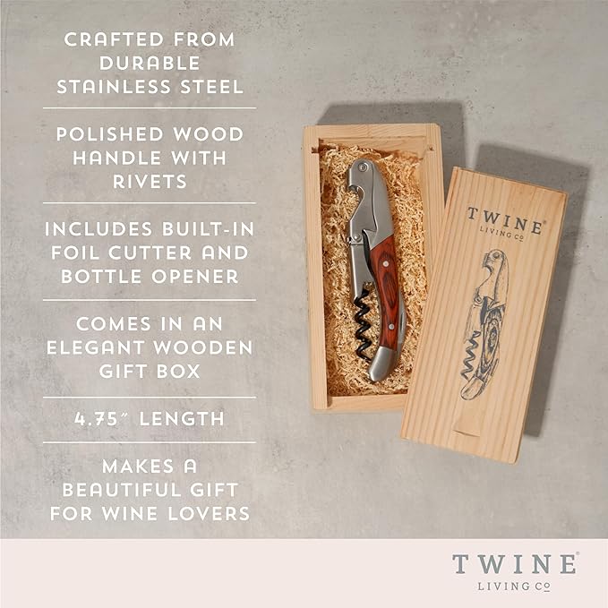 Twine Double Hinged Waiters Corkscrew Wine Opener in Wooden Gift Box, Durable Stainless Steel with Built-in Bottle Opener and Foil Cutter for Home Bar, Kitchen, Travel, Gifts for Wine Lovers, Set of 1