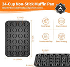 TeamFar 2 Pack Mini Muffin Pan, 24-Cup Non-Stick Carbon Steel Cupcake Tray Tin for Baking, Small Cup Cake Bakeware for Bite-Sized Cheesecake Tart Quiches, Even Baking & Effortless Release & Easy Clean