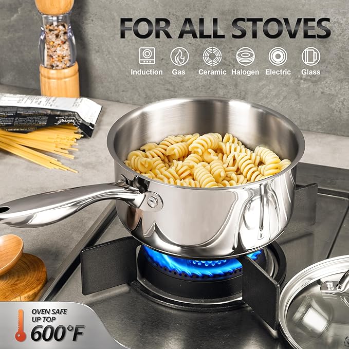 MICHELANGELO Saucepan Set 6pc, 18/10 Stainless Steel Saucepans with Lids, Tri-Ply Bottom, Dual Handle 3QT, Induction Compatible Sauce Pots, 1QT & 2QT & 3QT