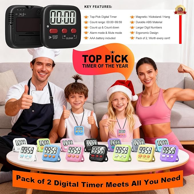 Antonki 2 Pack Digital Timer for Kids, Magnetic Countdown Kitchen Timers for Cooking, Egg, Classroom, Teacher, Exercise, Study, Oven - Battery Included