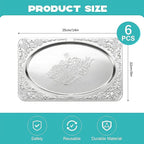 Silver Serving Trays, 6 Pcs Stainless Steel Serving Platters with Retro Engraved Design, 13.7 x 8.5 Inch for Serving Food, Appetizers, or as Decorative Accent at Home