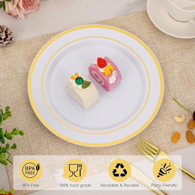 Goodluck 100PCS Gold Plastic Plates, 10.25 Inch Dinner Plate with Gold Rim, Heavy Duty Disposable Plastic Plates for Party, Wedding, Birthday & Daily Use