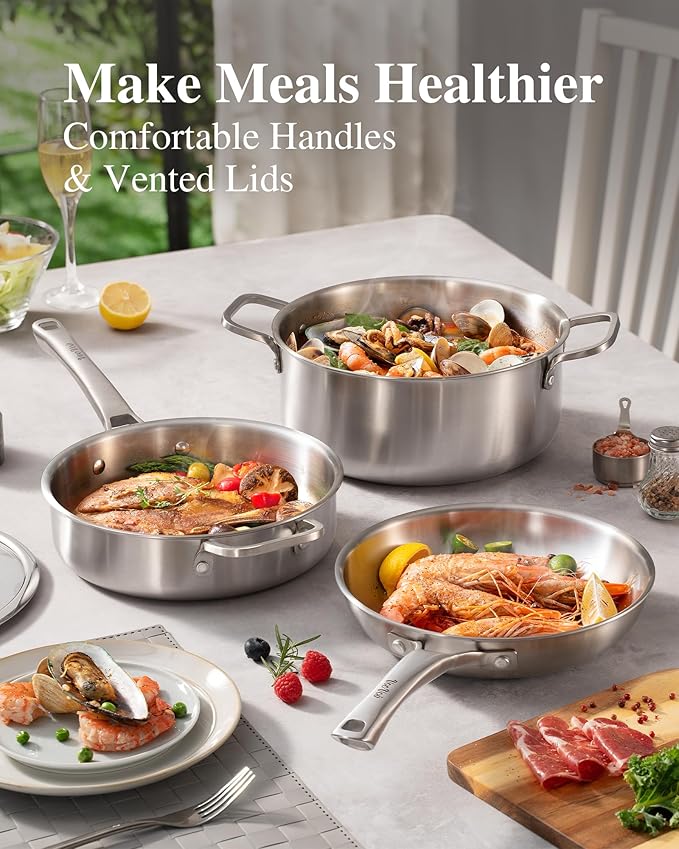 Stainless Steel Cookware Set,Tir-Ply Pots and Pans Set,10 Pcs Stainless Steel Induction Kitchen Cookware Sets,PFOA Free, Frying Pans, Butter warmer,Saute Pan & Stock Pot,Compatible with All Cooktops