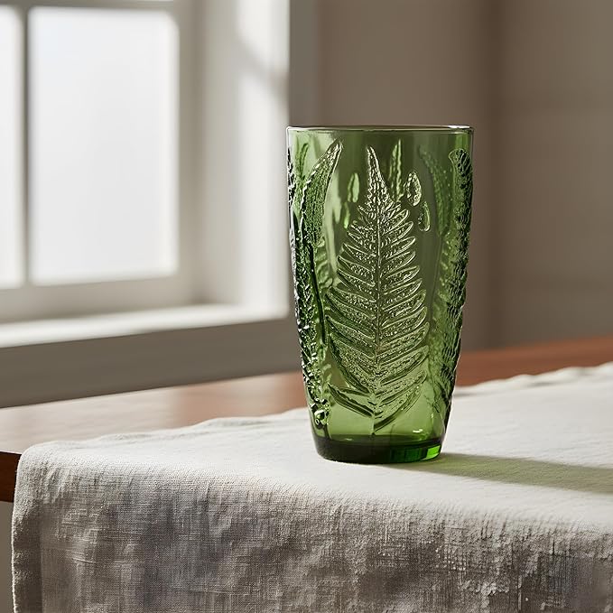Vintage Green Drinking Glass, 16 oz Hand-Pressed Deep Textured Glass Cup, Fern Embossed Retro Glassware, Decorative Tumbler for Water, Cocktails & Juice, Boho Colored Kitchen Drinkware, Unique Gift