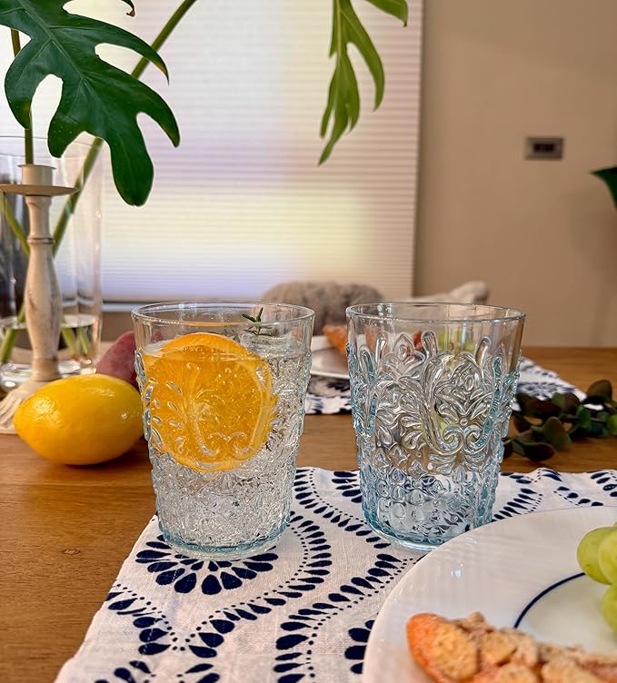 KLIFA- BLOIS- 15.2 ounce, Set of 6, Acrylic Tumbler Drinking Glasses, BPA-Free, Stackable Plastic Drinkware, Dishwasher Safe, Vintage Looking Cups, Light Teal