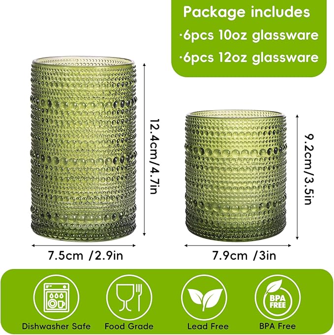 Moretoes Hobnail Drinking Glasses, 12 Piece Green Water Glass Cups, Mixed Vintage Glassware Set, 6pcs 12oz Highballs and 6pcs 10oz old Fashioned Glasses, Great for Cocktail, Whisky and other Beverages