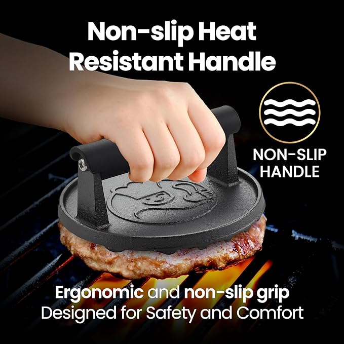 Smash Burger Press for Griddle, 2 lb Heavy Duty Burger Smasher Tool with Heat-Resistant Handle, Premium Cast Iron Bacon & Sandwich Maker, Hamburger Press for BBQ Grilling Accessories, 5-Year Warranty