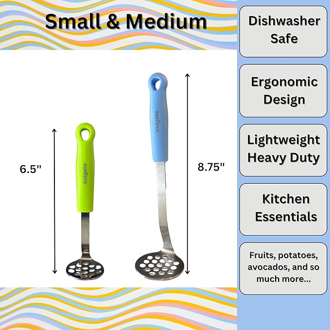 Mini & Medium Masher Box Set. Avocado & Small Potato Mashers. Heavy Duty, Stainless Steel, Dishwasher Safe. Ideal Kitchen Utensils. Compact & Durable. Kitchen Essentials. (Sky Blue/Zippy Green)