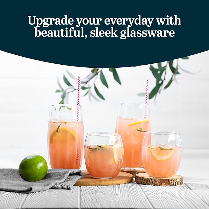 Libbey Samba Tumbler and Rocks Glasses Set of 16, All Purpose Everyday Drinking Glasses Set, Dishwasher Safe Kitchen Glassware Set for Holidays Events