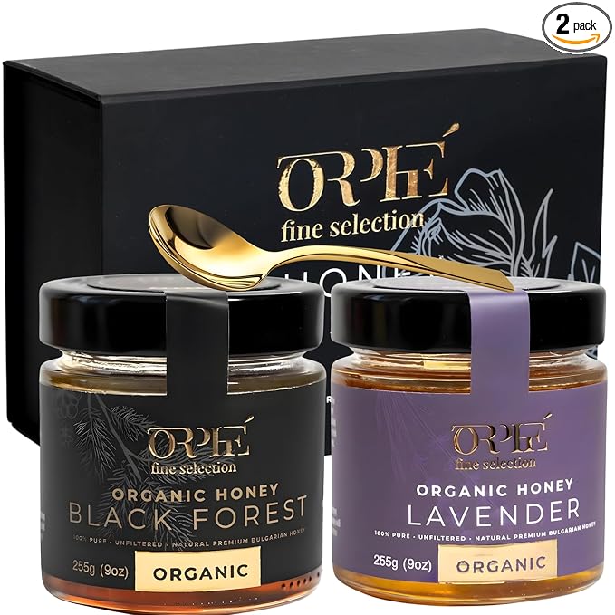 Orphe Luxury Organic Honey Gift Set, Lavender & Forest with Gold-Plated Spoon, Raw Bulgarian Honey Gift Box, Natural Sweetener for Coffee, Tea, Matcha and Breakfast