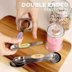 ChefAide Pack of 8 Stainless Steel Magnetic Measuring Spoons Set, Dual Sided, Stackable, Adjustable Teaspoon and Tablespoon Measure Spoon with Leveler, Kitchen Gadgets