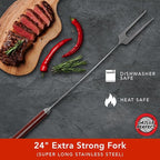Grill Fork 24-inch Super Long for Grilling Barbecue Griddle and Fire Pit Extra Strong Curved Neck Premium Hardwood Handle Large Stainless Steel Tines for BBQ Outdoor Kitchen and Grilled Food