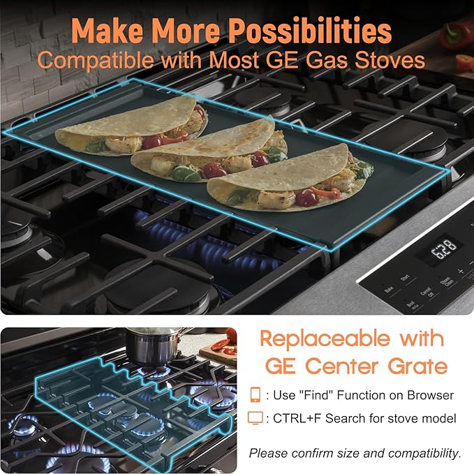 UPGRADED WB31X24738 Ceramic Non-stick Griddle Replacement for GE Stove Cooktop, PFAS & PTFE Free, Food-grade Non-stick Coating, 19.5"×9" Integrated Griddle Plate for GE Gas Stove Top Center
