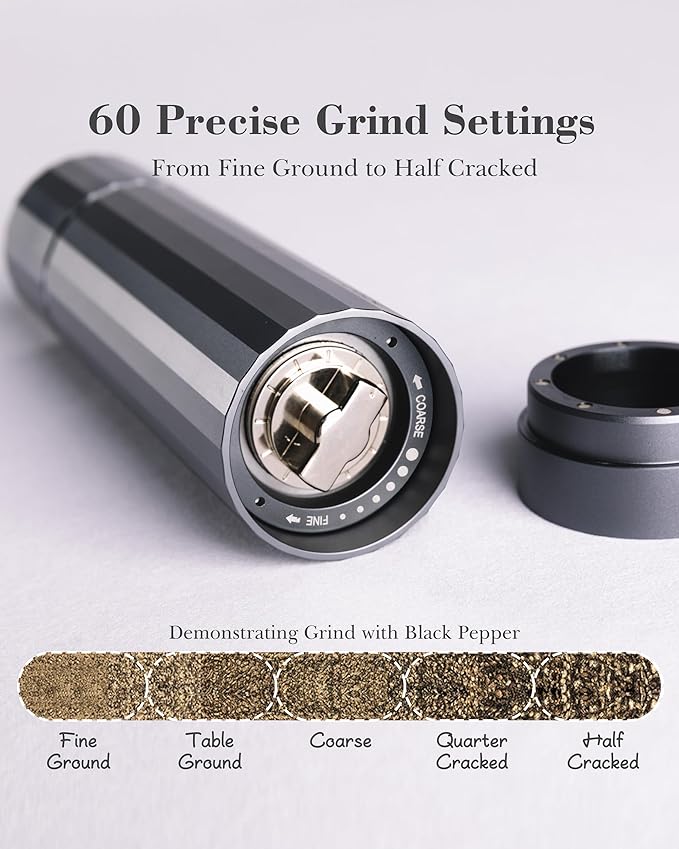 Manual Pepper Grinder, Heavy Duty Metal Pepper Mill with Adjustable Coarseness, High Output Grinding, Magnetic Powder Chamber, Refillable Pepper Grinder for Kitchen(Deep Gray)
