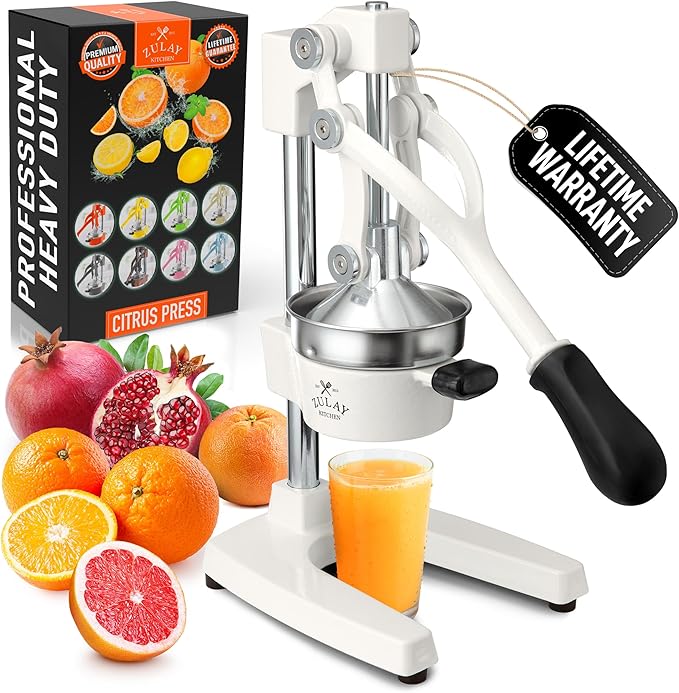 Zulay Kitchen Cast Iron Juicer - Easy-to-Clean Heavy-Duty Manual Juicer, Professional Citrus Juicer - Stainless Steel Lemon Squeezer - Manual Citrus Press & Orange Squeezer - Orange Juicer – White