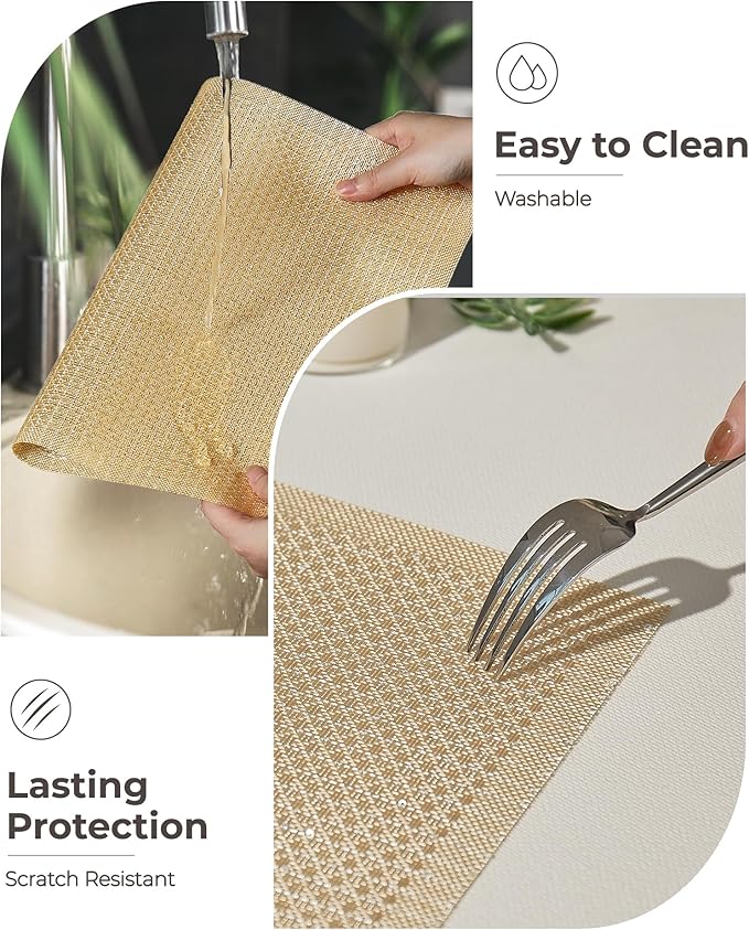 Leetaltree Luxury Gold Sequin Placemats Set of 8 - Waterproof Washable for Wedding, Anniversary, Daily Use - Sparkling Table Decor - Hand-Cut
