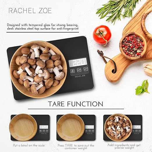 Rachel Zoe Digital Kitchen Food Scale with Non-Slip Base for Home and Kitchen, Measures in Pounds, Grams, Milliliters & Kilograms, Battery Operated Aluminum Electric Scale for Meals, Baking & Diets