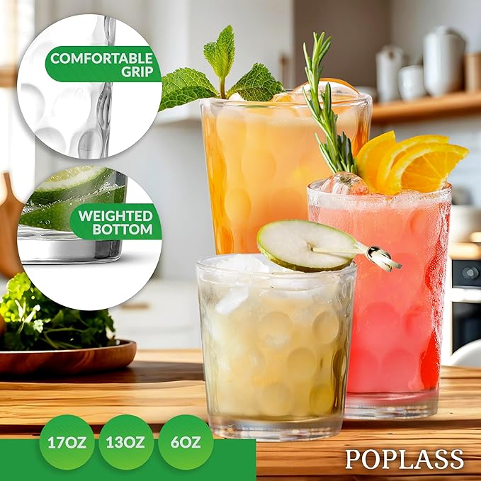 Melrose 18-Piece Family Drinking Glasses Set - Drinking Glassware Set with Highball Cooler, DOF (Double Old Fashioned), and Juice Glasses - 6 Each
