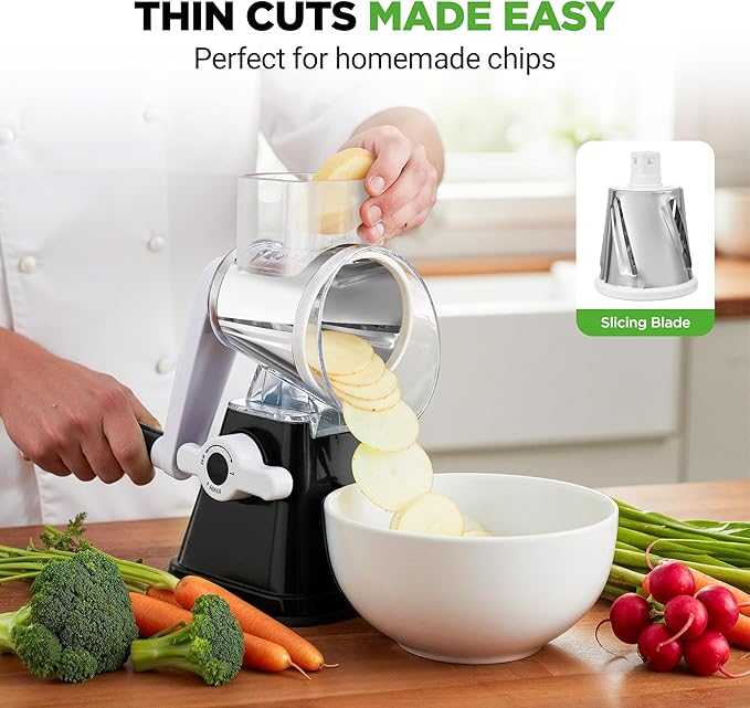 Nutrichef 3 in 1 Cheese Grater & Shredder | Strong Suction Base, Rotary Handle with Safety Lock | Includes Hand Crank & 3 Drum Blades for 3 Textures, Fine, Medium & Strips | Black