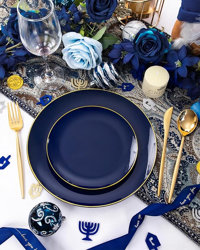 PULOTE 200 Pieces Blue Plastic Plates - Navy Blue and Gold Disposable - Include 100PCS 10 inch Dinner & 100PCS 7 inch Dessert Plate for Party & Hanukkah