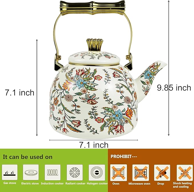 Vintage Enamel Tea Kettle, Colorful Floral Pattern Stovetop Teapot with Gold Handle, 2.5L Enamel Kettle Kitchen Decor, Ideal Gift for Housewarming Camping Coffee Pot