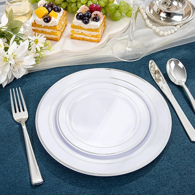 NOCCUR 200PCS Silver Plastic Plates Disposable for 100 Guests - Include 100 Dinner / 100 Dessert Plates Heavy Duty - Ideal for Party/Wedding/Christmas