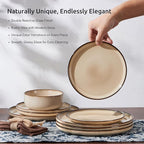 E-far 18-Piece Dinnerware Sets, Stoneware Plates and Bowls Set for 6, Reactive Glaze Dinning Ware Dishes, Microwave & Dishwasher Safe - Sandy Beige