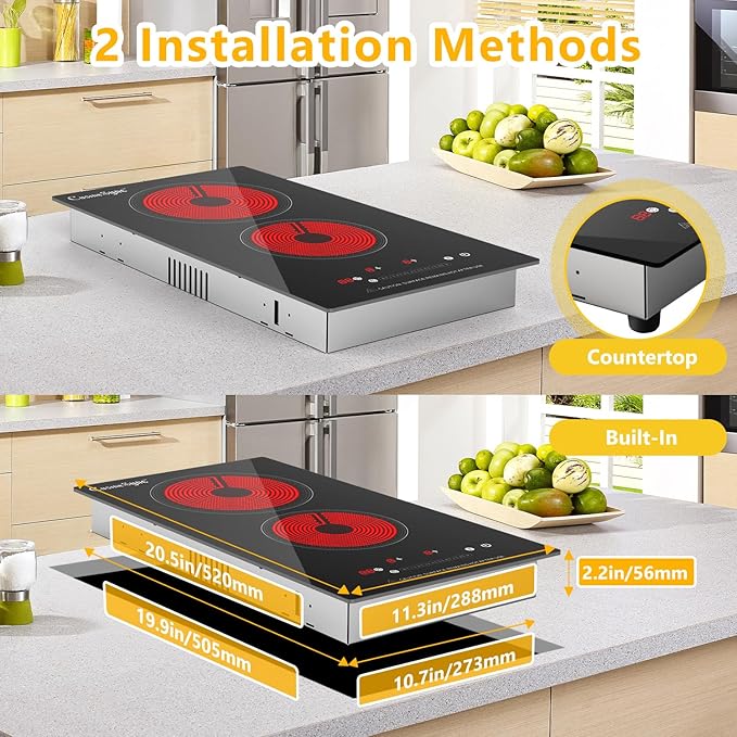 2 Burner Electric Cooktop, 12 Inch Electric Stove Top with 9 Power Levels, Touch Control, Timer, Child Lock and Residual Heat Warning, Ideal for Countertop & Built-In Use (110-120V)