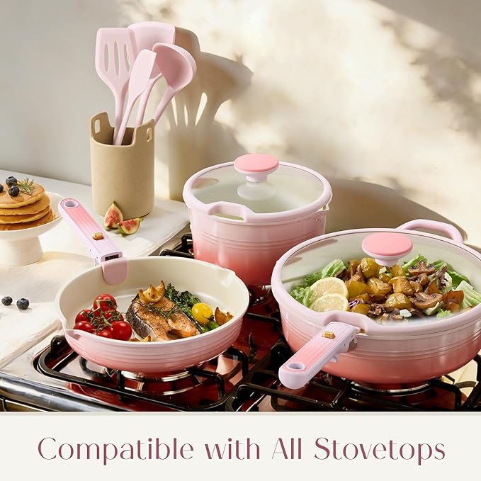 CAROTE 20Pcs Titanium Cookware Set, Pots and Pans Set Non Stick, Kitchen Cooking Set with Detachable Handle, Non Toxic Induction Cookware, Dishwasher/Oven Safe Pink