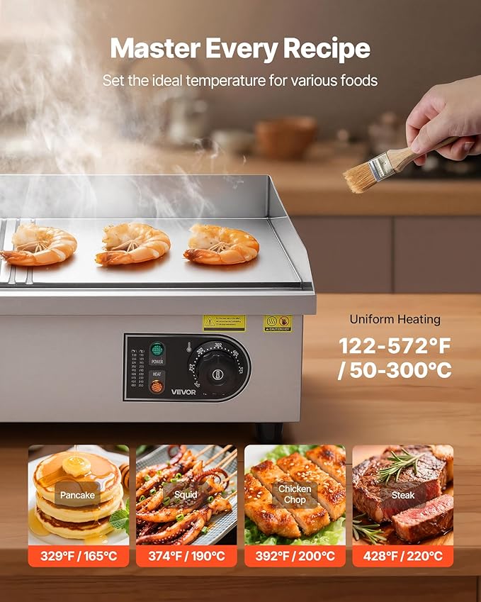 VEVOR Commercial Electric Griddle, 21.06 x 11.81 inch, 1750W, 122-570°F Adjustable Temp Control, Stainless Steel Body, Half Grooved Half Flat, with 2 Spatulas, 2 Brushes, and 4 Foot Pads, for Steak