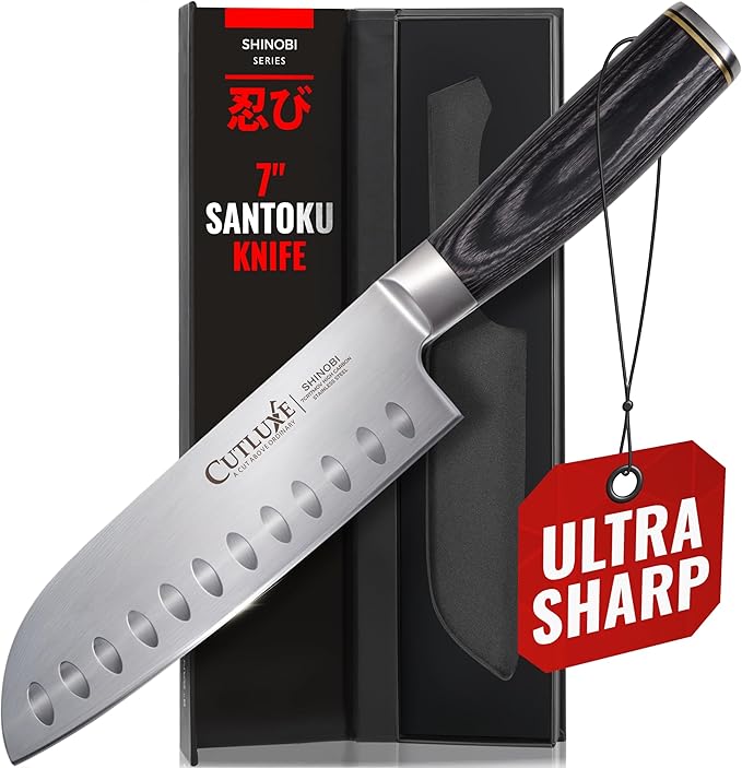 Santoku Knife – Ultra Sharp 7 Inch Meat and Vegetable Japanese Knife for Chopping, High Carbon Stainless Steel Blade, Full Tang Pakkawood Handle – Shinobi Series