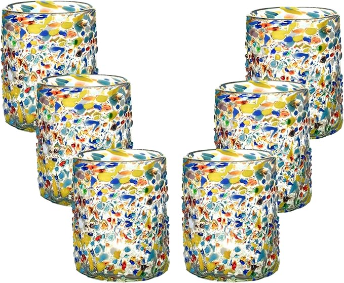 Confetti Dots Hand Blown Tumbler Glasses - 100% Recycled Mexican Glassware - Artisan Crafted Drinking Glasses for Cocktails, Wine, Tequila, or Water - Set of 6 (10 oz)