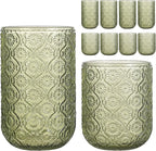 Set of 8 Vintage Embossed Glassware,4 Highball Glasses 14oz & 4 Rocks Drinking Glasses 9oz, Art Deco, for Wine, Water, Cocktail, Juice, Whiskey, Gift (Green)