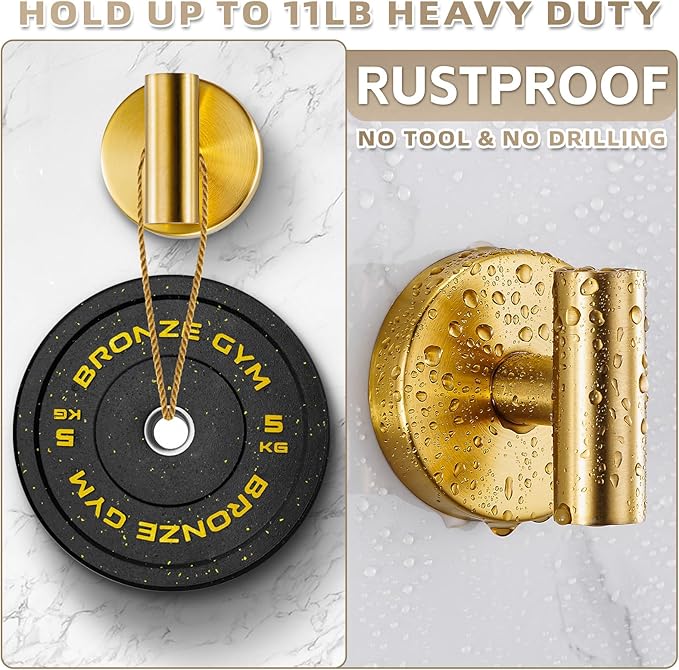 Suction Cup Hooks for Shower - Bathroom Reusable Hooks for Towels, Robes & Loofah - No-Drill Mounting on Kitchen,Walls,Metal,Glass,Mirrors,Tile & Smooth Non-Porous Surfaces (4, Brushed Gold)