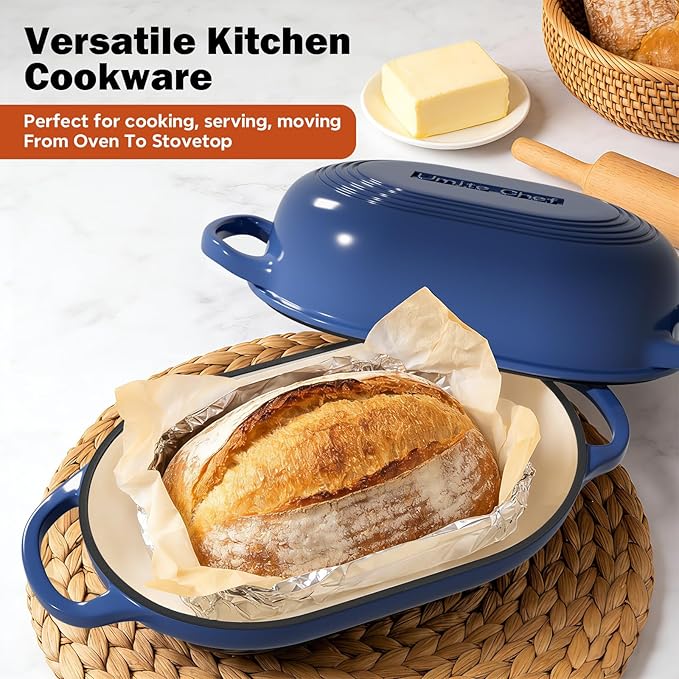 Enameled Cast Iron Dutch Oven for Bread Baking - incl. Sourdough Bread-Baking Supplies like Banneton Bread-Proofing Basket - 5QT Loaf Cast Iron Bread Oven Pan with Lid Meatloaf Pan with Lid, Sour Sough Tools, Lame(Blue）