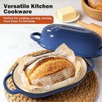 Enameled Cast Iron Dutch Oven for Bread Baking - incl. Sourdough Bread-Baking Supplies like Banneton Bread-Proofing Basket - 5QT Loaf Cast Iron Bread Oven Pan with Lid Meatloaf Pan with Lid, Sour Sough Tools, Lame(Blue）